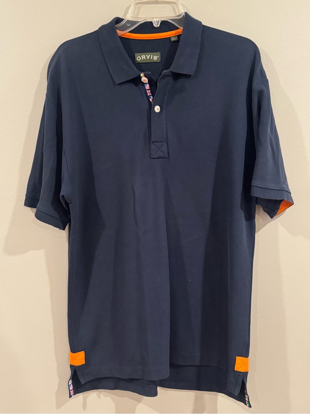 ORVIS signature rugby pique polo shirt Mens Medium NAVY flags pima peru USA UK